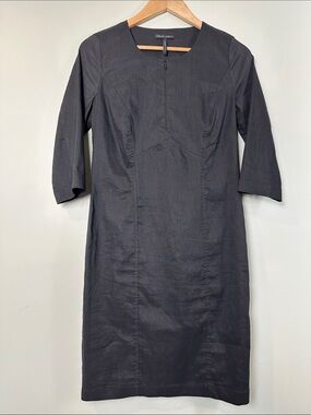 Sarah Pacini Linen Black Midi Sheath Dress Three Quarter Sleeve Minimalist italy